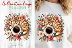 Coffee &amp; cat in flowers sublimation design| Cute cat clipart Product Image 1