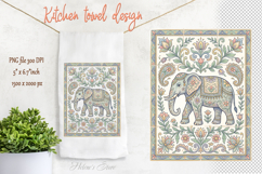 Cute pastel folk elephant floral pattern kitchen towel png Product Image 1