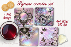 Lilac flowers tropical leaves silhouette square coaster png Product Image 1