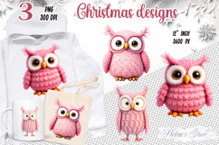 Pink Christmas crochet yarn owl clipart|Cute sublimation png Product Image 1