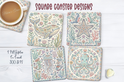 Pastel Ocean retro folk tile pattern square coasters png Product Image 1