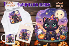 Cute Halloween clipart | Kawaii black cat sublimation design Product Image 1