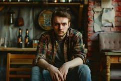 Young man wearing plaid shirt sitting and waiting in pub Product Image 1