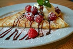 Gourmet crepes with fresh berries and chocolate drizzle Product Image 1