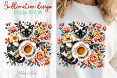 Coffee &amp; cat in flowers sublimation design| Cute cat clipart Product Image 1