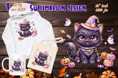 Cute Halloween clipart | Kawaii black cat sublimation design Product Image 3