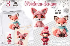 Pink Christmas crochet yarn fox clipart|Cute sublimation png Product Image 1