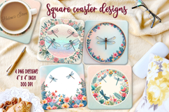 Fantasy dragonfly in floral frame square coaster design png Product Image 1