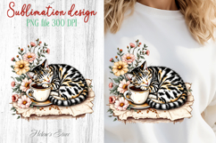 Coffee &amp; cat in flowers sublimation design| Cute cat clipart Product Image 1