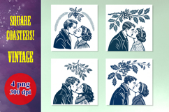 4 Vintage Mistletoe Kiss Coasters PNG Bundle - Retro Couple Product Image 1