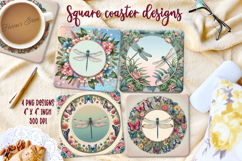 Fantasy dragonfly in floral frame square coaster design png Product Image 1