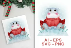 watercolor illustration of a baby hippo at christmas Product Image 1