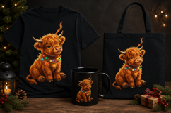 Cute Christmas Highland Cow PNG with Colorful Holiday Lights Product Image 1
