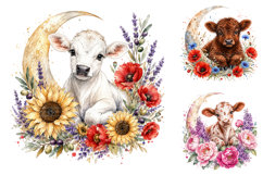 Cute Baby Cow Floral Crescent Moon Watercolor Clipart Bundle Product Image 2