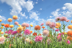 Bright Spring Flower Field Under Blue Sky Background Product Image 1