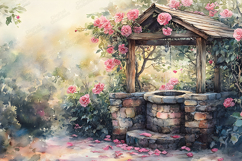Watercolor Rose Garden Well Romantic Floral Art Scene Product Image 1