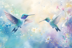 Watercolor Hummingbirds Soft Pastel Floral Nature Artwork Product Image 1