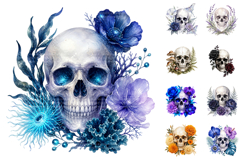 Watercolor Floral Skulls, Gothic Botanical PNG Product Image 2