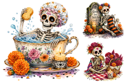 Watercolor Day Of The Dead Skeletons PNG Product Image 2