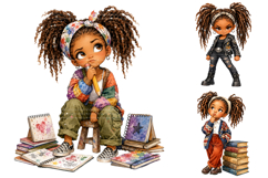 Cute Black Girl Clipart Bundle, Afro Puffs Watercolor PNG Product Image 2