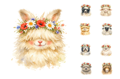 Watercolor Farm Animals Floral Crown Clipart Product Image 2
