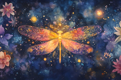 Glowing Fantasy Dragonfly Art Magical Night Floral Design Product Image 1