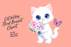 Cat holding floral bouquet watercolor clipart Product Image 1