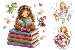 Whimsical Girl Watercolor Clipart Bundle, Kids Storybook PNG Product Image 2