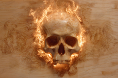 Burning Skull on Wood Texture Fiery Dark Artistic Design Product Image 1