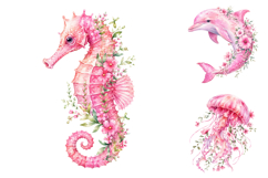 Pink Floral Sea Life Watercolor PNG, Ocean Animals Clipart Product Image 2