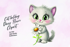 Cat holding daisy flower watercolor clipart Product Image 1