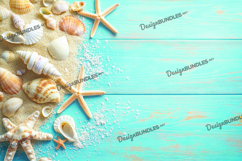 Blue wooden background with starfish, sand, and shells Product Image 1