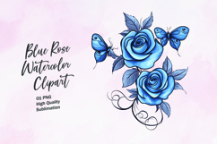 Blue rose with butterfly watercolor clipart sublimation Product Image 1