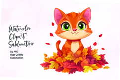 Cute cat with autumn leaves clipart png Product Image 1