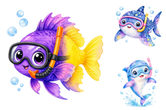 Snorkeling Ocean Animals Clipart, Watercolor Sea Life PNG Product Image 2