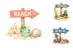 Watercolor Beach Sign Clipart, Summer Coastal PNG Bundle Product Image 1