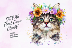 Cat with floral crown watercolor clipart Product Image 1