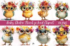 Baby chicken with flower watercolor clipart sublimation Product Image 1