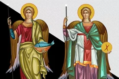 Four Archangels close God's throne. Four cardinal points. Archangel Gabriel, Uriel, Raphael and Michael. Traditional illustration in Byzantine style.