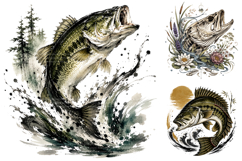 Bass Fishing Sublimation PNG Bundle, Watercolor Lake Clipart Product Image 2