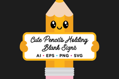 Cute Pencils Holding Blank Signs Clip Art Set Product Image 2