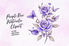 Purple rose with butterfly watercolor clipart sublimation Product Image 1