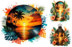 Tropical Sunset Watercolor Clipart, Beach Vacation PNG Product Image 3