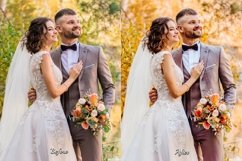 Before and after using Golden Wedding Presets on the outdoor bride and groom photo - Golden Wedding Presets transform outdoor bride and groom photo - Golden Wedding Presets add an aesthetic Instagram vibe to the outdoor bride and groom photo.