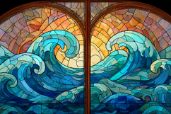 A stained glass window depicting ocean waves at sunset Product Image 1