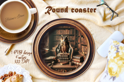 Owl in wood vintage library round coaster sublimation png Product Image 1