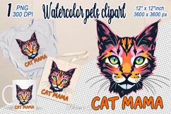Cute watercolor cat clipart | Colorful cat mom design png Product Image 1