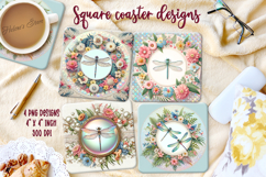 Fantasy dragonfly in floral frame square coaster design png Product Image 1