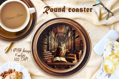 Owl in wood vintage library round coaster sublimation png Product Image 1