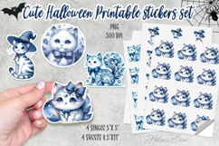 Cute Blue Halloween Cat Stickers Printable | Spooky sticker Product Image 1